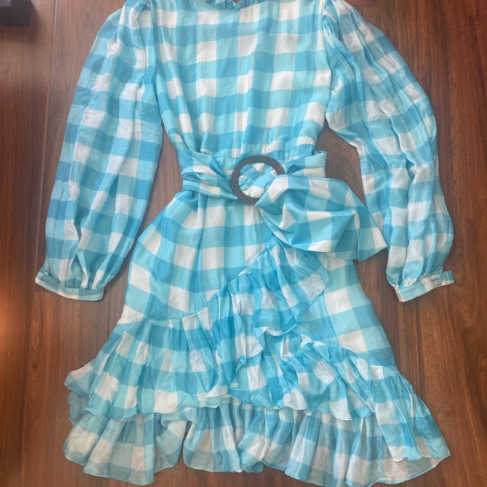 Elegant Turquoise Checkered Long Sleeve Dress Adriana Degreas - Picture 3 of 4